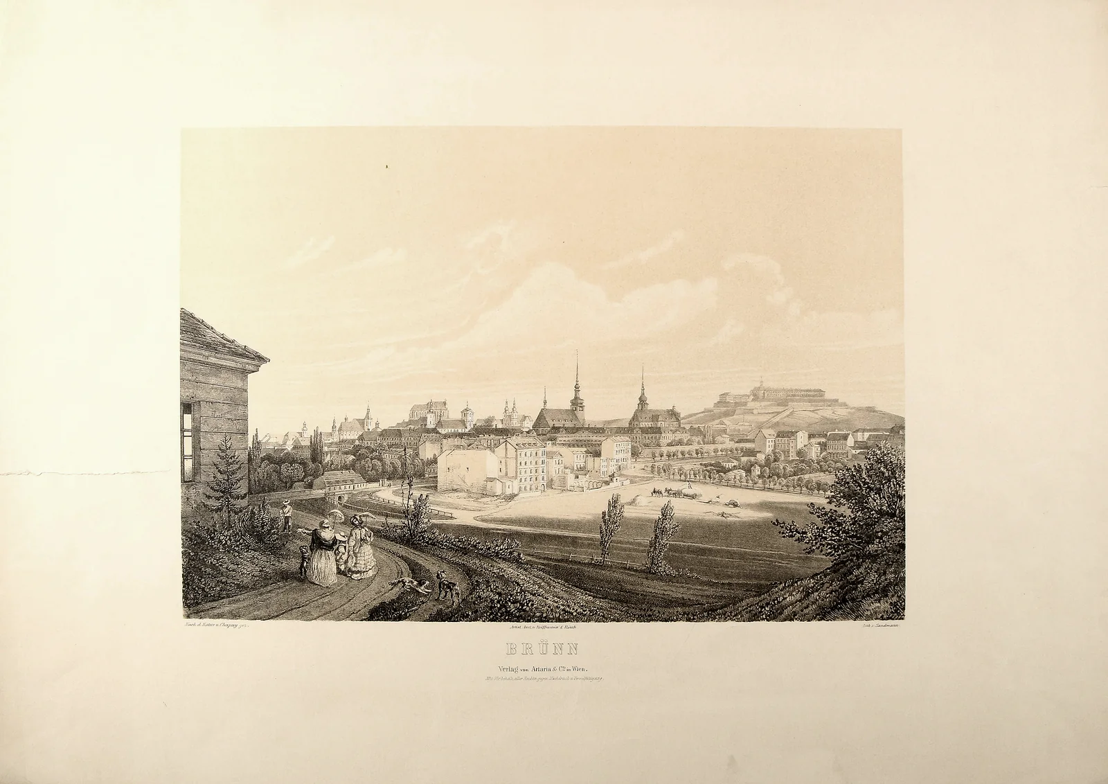 Brünn-Vedute, Lithographie nach Jean-Baptiste Chapuy und F. X. Sandmann, vor 1856