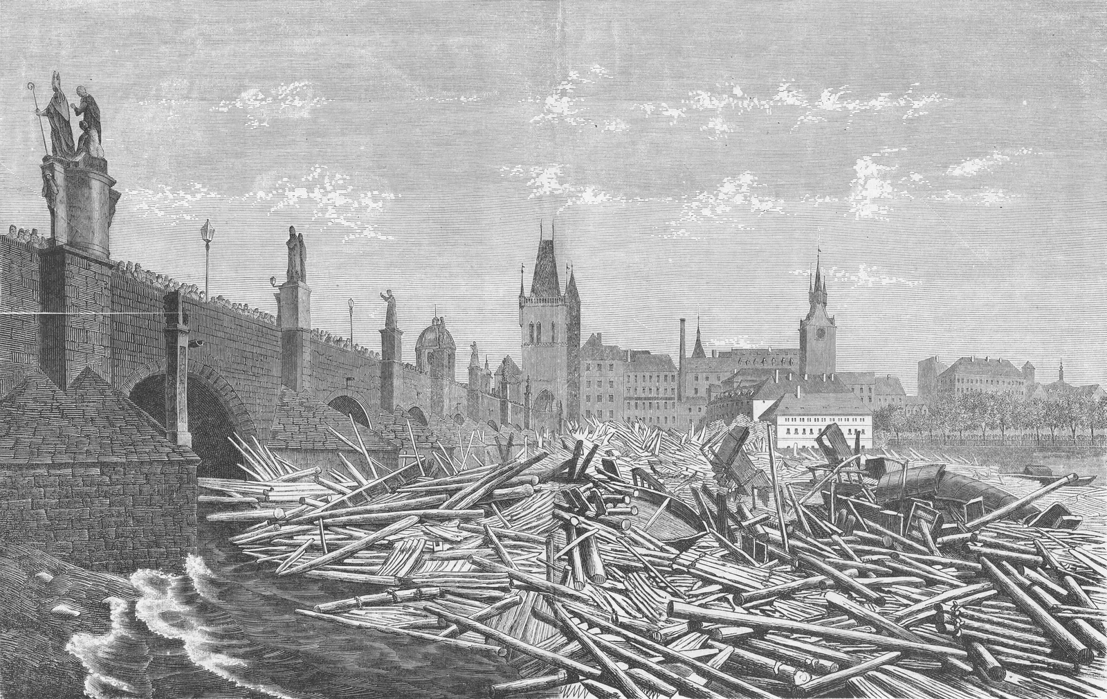 Karlsbrücke (Karlův most) während des Hochwassers vom Juni 1872, Illustration